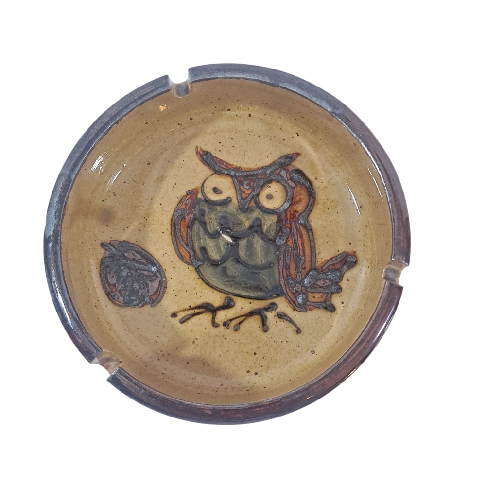 Vintage Asahi Japan Ceramic Owl Ashtray Speckled Stoneware 5"